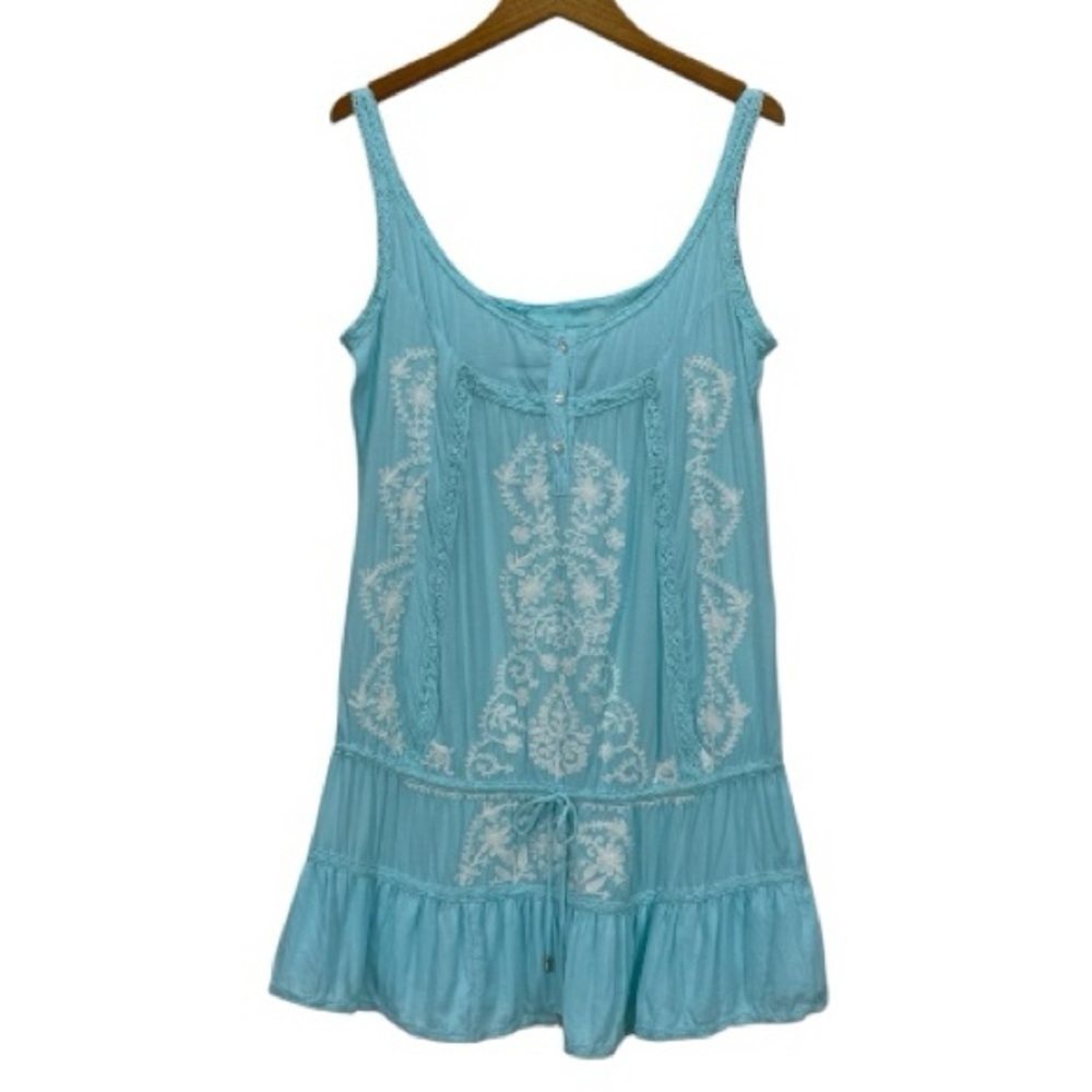 Melissa Odabash Turquoise Embroidered Boho Sundress Cover Up Mini Dress Size M
